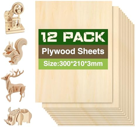 lompyeu Sperrholzplatte 3mm, A4 300x210mm 12 Stück Holzbrettchen，Bastelholz für Schnitzholz, DIY Bastelarbeiten, Holzzuschnitte, Modellbau