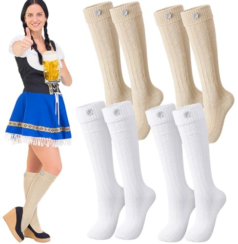 Hestya 4 Paia Calzini Tradizionali da Donna e da Uomo con Spilla a Forma di Stella Alpina Calzini Tradizionali da Donna con Stella Alpina per i Lederhosen