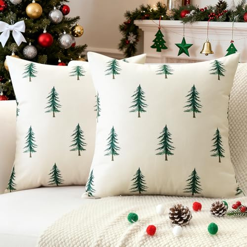 JOTOM Julkuddfodral 50 x 50 cm set med 2 julgran dekorativa dubbelsidiga tryckta kuddöverdrag 50 x 50 tum soffa vinter semester kuddfodral för hem bäddsoffa säng dekor (grön)