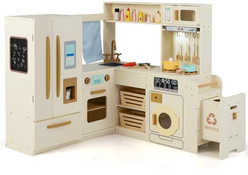 GYMAX Kids Corner Play Kitchen, Large Pretend Toy Kitchen with Double-Door Fridge, Ice Maker, Microwave, Washer, Trash Can & 22 PCS Accessories, Cooking Role Playset for 3 Years Old+ (Beige)