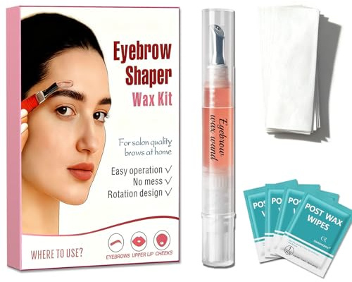 Eyebrow Wax Kit, Eyebrow Shaper Pen, Sugar Wax Wand, Facial Hair Removal for Eyebrow, Upper Lip, Cheek, and Moustache at Home with 50 Cotton Strips and 6 Calming Wipes for All Skin Types for Women