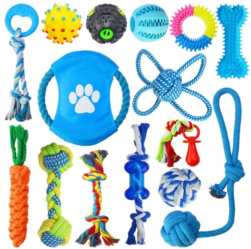 NESSICURE Lot de 15 jouets interactifs à mâcher pour chiots - Jouet couineur interactif avec corde - Jouet à mâcher pour animaux de compagnie
