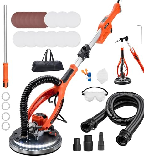 VEVOR Drywall Sander, 950W Electric Drywall Sander, Popcorn Ceiling Removal Tool with 7 Variable Speed 1000-2300 RPM, Double-Deck LED Light, Foldable & Extendable Handle, 15 Sanding Discs, Dust Hose
