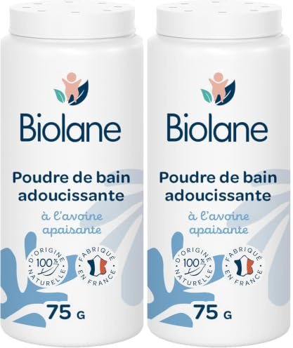 BIOLANE - Poudre de bain adoucissante - Bain bebe - Protège et Apaise - 100% d'Origine Naturelle - 75g - Dès la naissance - Fabriqué en France (Lot de 2)