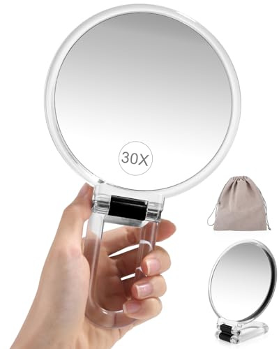 Wexeva Espejo de Mano con Aumento 30X/1X de Doble Cara, Espejo de Mano con asa, Mango Plegable y Giratorio 360°, Mano, Mesa o Pared, Portátil para Maquillaje, Afeitado y Viaje