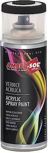 AMBRO-SOL - Pintura acrílica en spray, color Negro Satinado, RAL 9005, resultado profesional en múltiples superficies, exteriores e interiores, 400 ml, El embalaje puede variar