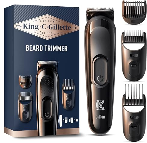 King C. Gillette Cordless Beard Trimmer Kit for Men, Electric Razor for Men with Lifetime Sharp Blades, Includes 3 Interchangeable Hair Clipper Combs, Gifts for Men, 2 Pin UK Plug