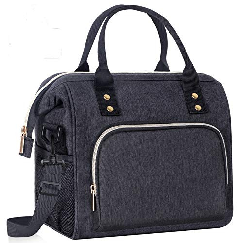 IDEATECH Insulated Lunch Box for Women & Men, Stylish Ladies Lunch Bag for Work, Leak Proof Portable Cooler Bag for Picnic, Black Lunch Tote Bags with Adjustable Shoulder Strap, Gifts for Mom (Black)