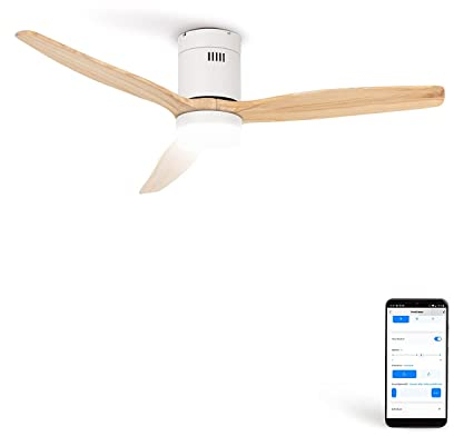 CREATE / WINDCALM/Ventilador de techo ABS con luz blanco aspas efecto madera clara con Wifi y mando / 40W, Silencioso, Ø132 cm, 3 temperaturas de luz, temporizador, función verano-invierno