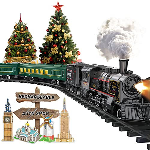 Electric Train Sets for Boys Girls Metal Alloy Christmas Toys Steam Locomotive, Passenger Carriages, Tracks, Light & Sounds Rechargeable Birthday Gifts for Kids 3 4 5 6 7 8 + Years Old Green…