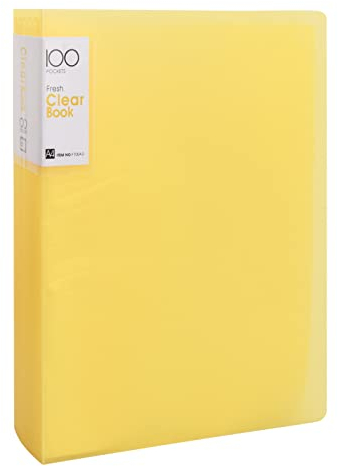 Sichtbuch A4 mit 100 Taschen, transparent Präsentationsbuch aus PP, Ordner mit transparenten Umschlägen, Projektmappe für Musikblätter Zuhause Schule Büro (gelb)