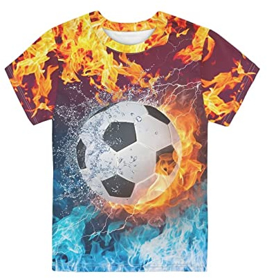 Biyejit Barn T-shirts kortärmad modekläder för pojkar flickor studenter ungdom storlek 3-16 år, Röd blå eld fotboll, 7-8 År