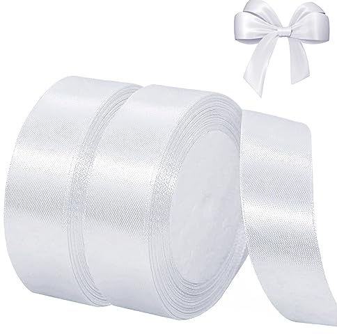 qingmeng Satinband Weiss, 44m Geschenkband Weiss Breit, 20mm Schleifenband, Geschenkband Hochzeit Stoff, Geschenk Band Geschenkbänder für Taufe Geburtstag Deko Geschenkverpackung
