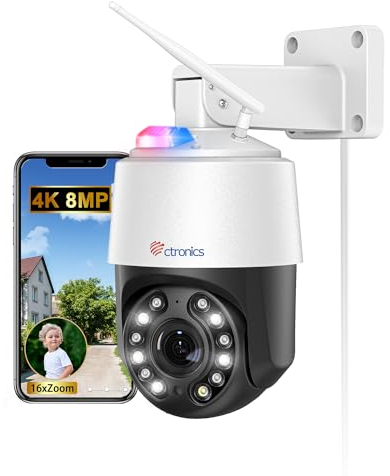 Ctronics 4K 8MP 16X Zoom Optique Caméra Surveillance WiFi Extérieure avec Auto Balayage/Suivi/Zoom, 2.4/5Ghz WiFi IP PTZ Camera Détection Humains/Véhicules/Animaux, 60M Vision de Nuit, TF/Cloud, IP66