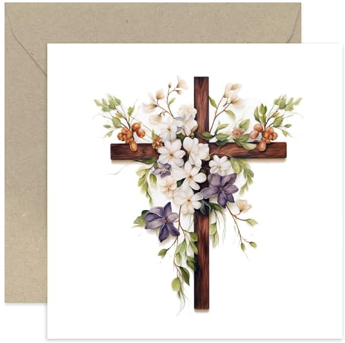 Old English Co. Wood Flower Religious Cross Card - Card for Easter, First Communion, Christening, Baptism, Christening for Boys or Girls - Foliage Artwork Religious Faith Card | Blank Inside