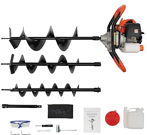 WSIKGHU 2.3PS Benzin Erdbohrer Erdlochbohrer 52CC Benzin Pfahlbohrer | Erdbohrgerätniedriger Kraftstoffverbrauch | Mit 100, 150, 200mm Durchmesser Bohrer | 1,2L Tank | 6500-8500 U/min