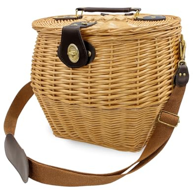 Virsus Cesta in Vimini con Tracolla per Funghi, misura 31x27x28cm, cestino con coperchio, tracolla in pelle regolabile, per picnic e raccolta tartufi, castagne, frutti di bosco -1815