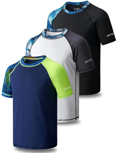 Liberty Pro 3 Pack Boys' UPF 50+ Rash Guard Short Sleeve Swim Shirts, Quick Dry UV Protection Swimwear for Kids, Set 3, Youth Large