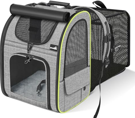 pecute Haustier Rucksack mit Netzfenster XL für 6-10 kg, Erweiterbarer Platz, Tragbare & Faltbare Katzentasche mit Vorhang Oben, Atmungsaktive Hundetasche, Wasserdichtes Oxford-Tuch, Ideal für Reisen