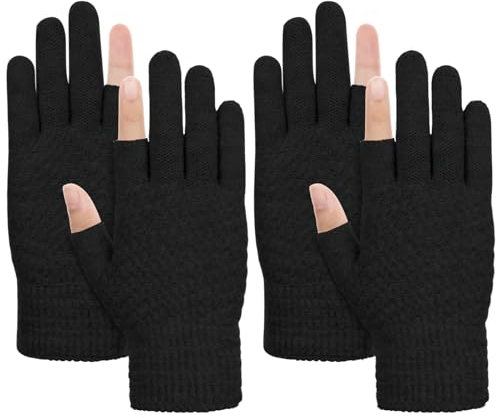Kiiwah 2 Paare Fingerlose Handschuhe Damen, Halbfinger Warme Zwei-Finger-Handschuhe Winter touchscreen ohne Finger mit Weichem Innenfutter für Herren Damen