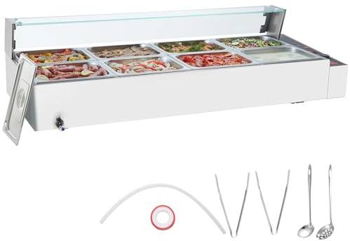 VEVOR Scaldavivande Commerciale con 8 Recipienti (8,8 L / 1/2 Dimensioni Ciascuno) Tavolo a Vapore Elettrico con Copertura in Vetro 1700 W Scaldavivande da Tavolo, Controllo della Temperatura 30-85 °C