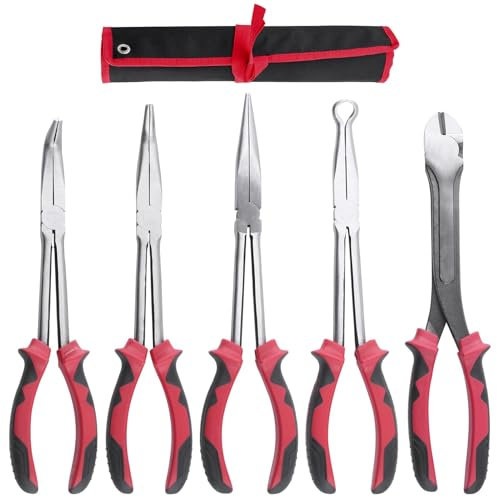 LEONTOOL 5PCS 11 Inch Extra Long Needle Nose Pliers Set, Long Reach Straight, 45° & 90° Bent, Circle, Diagonal Pliers for Narrow Spaces