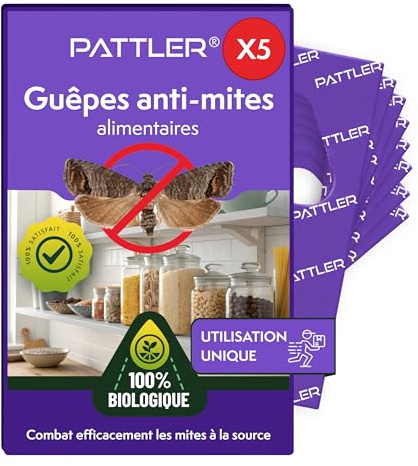 PATTLER® Guêpes Anti Mite Alimentaires - Lutte Efficace Contre Les Mites. Alternative Aux Pièges, Sprays et Pièges à Phéromones - 5 Carte à Deployer avec 1 Livraison