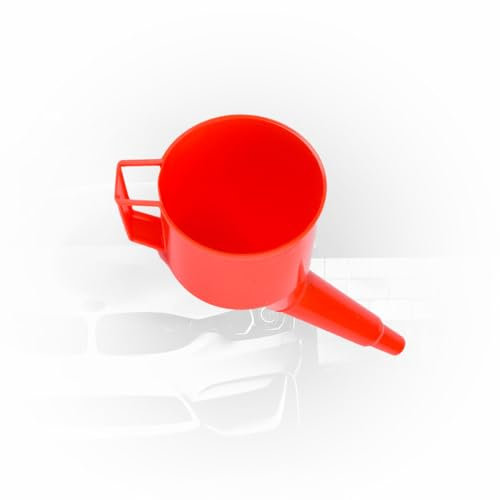 ToM Par Automatischer Schräger Trichter | Einfülltrichter | Kraftstofftrichter | Kunststoff-Öltrichter | Haltebügel | Breiter Kopf | Sicherheitsnetz | Benzin | Diesel | Öl | Waschflüssigkeit | Rot