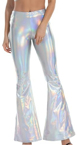 Women's Shiny Flare Pants, 80's High Waist Metallic Wide Leg Trousers for Disco, Wide Length Loose Sparkly Leggings for Dancewear Nightclub, Full Length Wet Look Trousers for Party Rave Carnival