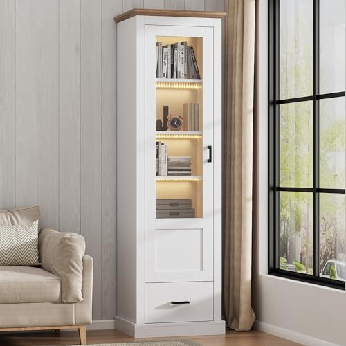 Merax Vitrina con iluminación LED, armario alto de cristal, armario de salón con 4 estantes y 1 cajones, puertas de cristal, armario multiusos para salón, oficina, cocina, color blanco mate, 50 x 35 x