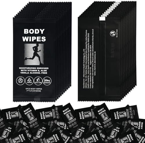 50 Body Wipes Individually Wrapped Face and Body Wipes for Women and Men | Bath Wipes for Adults No Rinse Personal Cleansing Wipes Travel,Bulk Deodorant for Homeless Shower Wipes (Black)