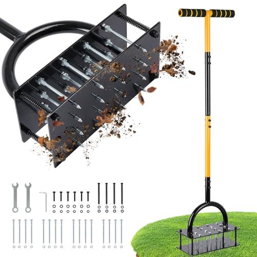 Securex Ventilatore per prato 2 in 1, aeratore per prato con 16 picchi, 98 cm, in metallo con impugnatura a T, scarificatore Heavy Duty Picchio prato, ventilazione per pavimenti compressi, cura del