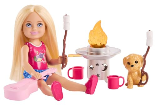 Barbie Chelsea Outdoor Adventures Playset, Family & Friends Set with Small Blonde Doll, Pet Puppy & 5+ Camping Accessories, JJV61