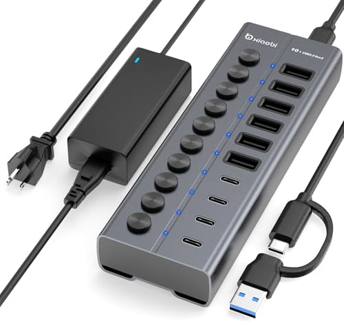 Powered USB Hub, 10-Port USB C Hub with 6 USB-A 3.2, 4 USB-C 3.2 Ports, Individual Switches and 12V/5A Power Adapter, Aluminum USB Extension for MacBook, Laptop/PC and More.