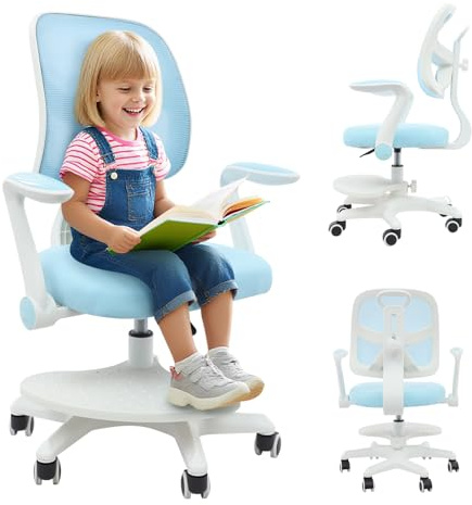 Silla de escritorio para niños, giratoria, altura del asiento de 40 a 52 cm, altura regulable, rotación de 360°, silla de oficina ergonómica con ruedas, reposapiés y respaldos ajustables y