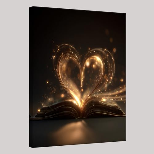 Oro Quadro su Tela Libri con un tema d'amore 70 x 50 cm Stampa Artistica Moderna con Cornice Pronto da Appendere per Soggiorno Camera da Letto Cucina Bagno Ufficio