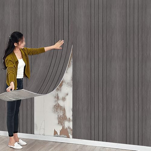 5Roll Thick Faux Wood Slat Wallpaper, Peel and Stick 3D Foil Insulation Self Adhesive Wall Panels Dark Grey Wallpaper Sound Absorbing Wooden Slats for Bathroom, Bedroom, Kitchen, Living Room 40cm*3m