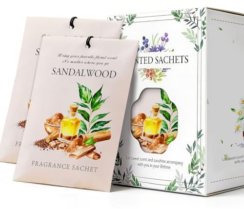 HOMELLAX Sandalwood Scented Sachet Bags - 12 Pack Closet & Drawer Freshener, Long Lasting Odor Eliminator for Wardrobes, Cars & Storage, Home Fragrance Air Freshener Sachets