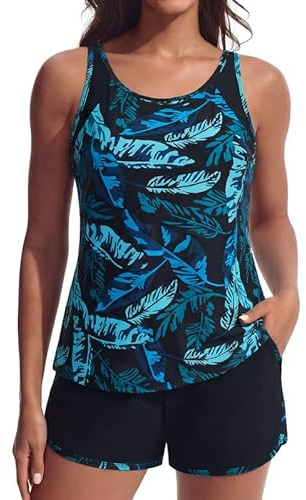 Hanna Nikole Tankini damset baddräkt magen väg tvådelad push up integrerad bh badmode och integrerade trosor hög midja badshorts med fickor justerbar baddräkt