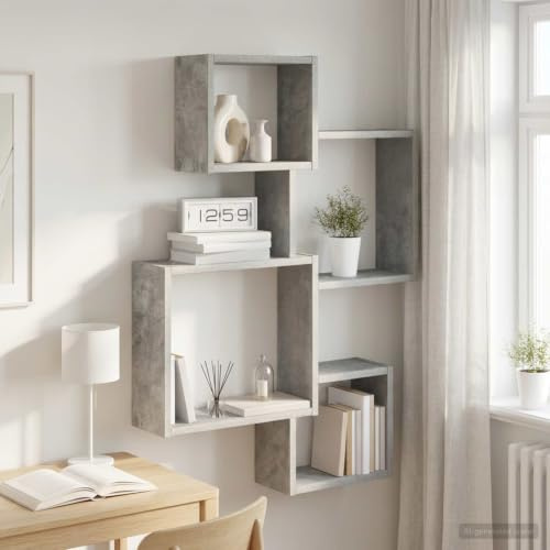Plumbpyr Väggkubhylla väggfäste betonggrå 64 x 13,5 x 91,5 cm svävande trämaterial för böcker, dekoration och förvaring i vardagsrum, hall, kontor