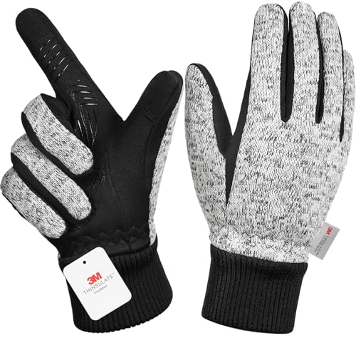 Winterhandschuhe für Herren und Damen, 3M Thinsulate-Thermo-Handschuhe, Touchscreen-Fahrradhandschuhe, kaltes Wetter, warme Handschuhe, Fahrradhandschuhe zum Skifahren, Radfahren, Laufen, Hanfgrau, S