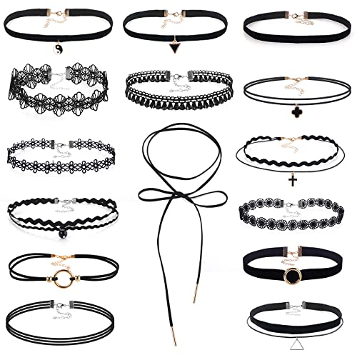 ASTER 15 Stücke Choker Halsband Set Schwarzes Choker Kette Damen Girls Gothic Kragen Spitze Halloween Kostüm Christmas Weihnachten