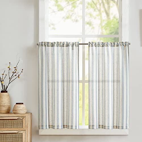 Vangao Striped Scheibengardinen Kitchen Bistro Curtain 2-Pack 65 W x 60 H (cm) Blue | Fönstergardiner moderna randiga linneutseende ljusgenomsläppliga, gardiner kort lantlig stil vardagsrum husvagnsfönster