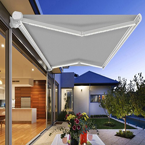 Green Bay Grey Full Cassette Electric Awning Remote Controlled Garden Patio Sun Shade Shelter With LED Light Kit - 4.5x3M