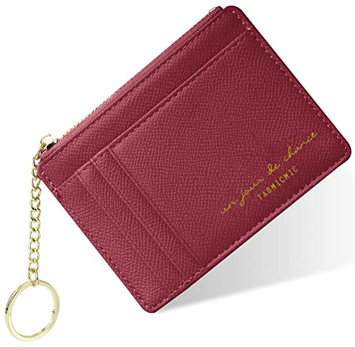 URAQT Credit Card Holder Wallet, Minimalist Leather Slim Change Wallet Zipper Coin Purse, Mini Credit Card Protector, Keychain Front Pocket Wallets for Women Men, Red Gold, One Size, Minimalist