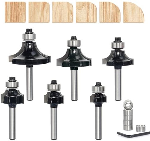 6PCS Roundover Router Bit Set , 1/4 inch Shank，Corner Rounding Edge Forming Cutter, Roundover Beading Router Bit, Radius 1/16”,1/8”, 3/16”, 1/4”, 3/8”, 1/2” with 6 extra 3/8 bearings