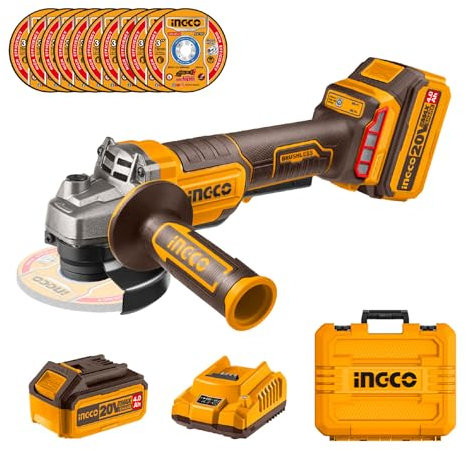 INGCO Cordless Angle Grinder 115mm with Safety Trigger Switch 20V Brushless Grinder Tools 8000RPM with 1Pcs 4.0Ah Battery and Charger, 10Pcs Cutting Discs CAGLI2111561