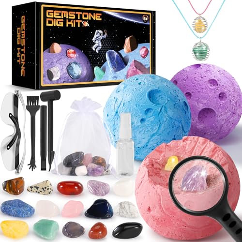 Perbabe Ausgrabungsset für Kinder, Halskette Herstellen mit Natürliche Edelsteine und Kristalle Fossilien Ausgrabungsset Kinder STEM Mineralogie Spielzeug Planeten Geschenk für ab 6 7 8 9 10+