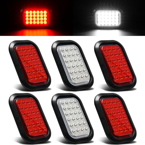 PVerandio 6PCS 5x3 Inch 24 LED 4 Red Stop/Turn/Tail/Lights 2 White Backup Reverse Lights Rectangle Truck Trailer Tail Lights w/Grommets & 3 Wire Pigtail Plug