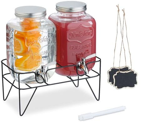 Relaxdays Getränkespender mit Ständer, 2 Limobehälter je 4L, Zapfhahn aus Edelstahl, Glas Wasserspender, transparent
